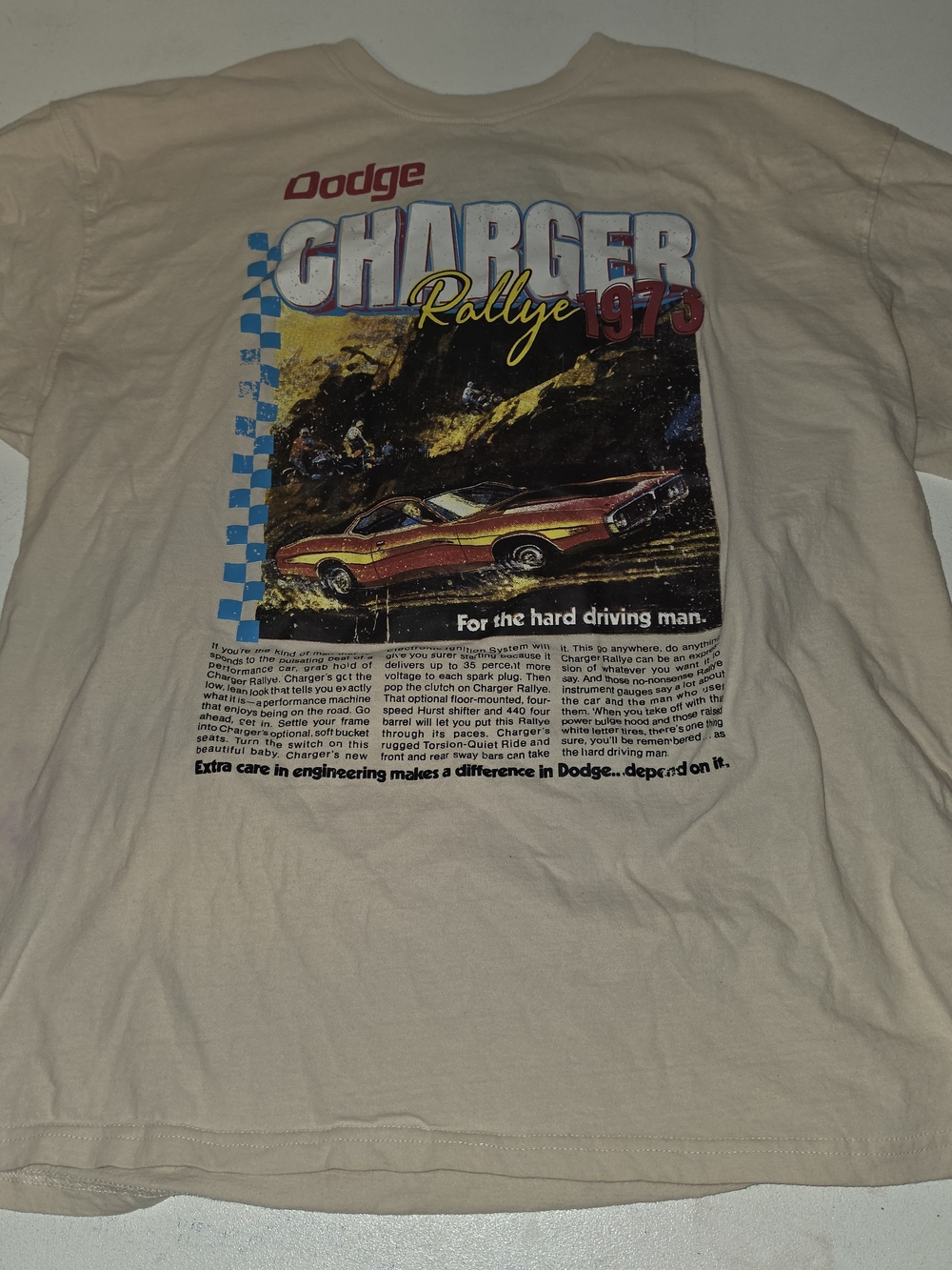 Dodge Charger Rallye 1973 Graphic Tee - Cream with Red and Blue Print